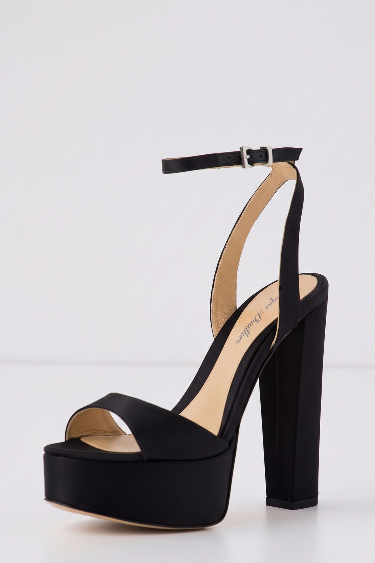 Khloe platform heel in black satin fabric with silver buckle ankle strap - angle front.