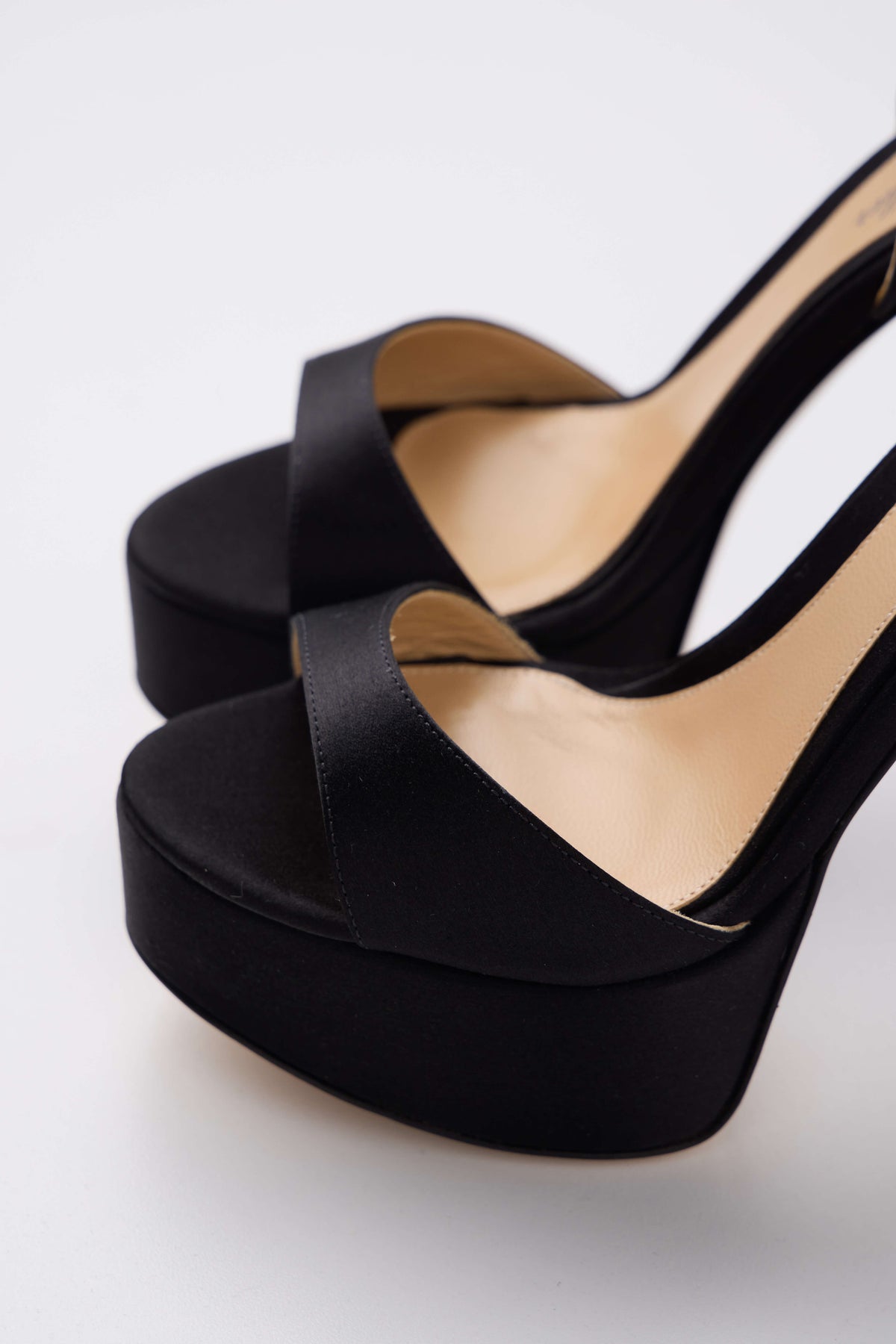 Khloe platform heel in black satin fabric with silver buckle ankle strap - toe box. 