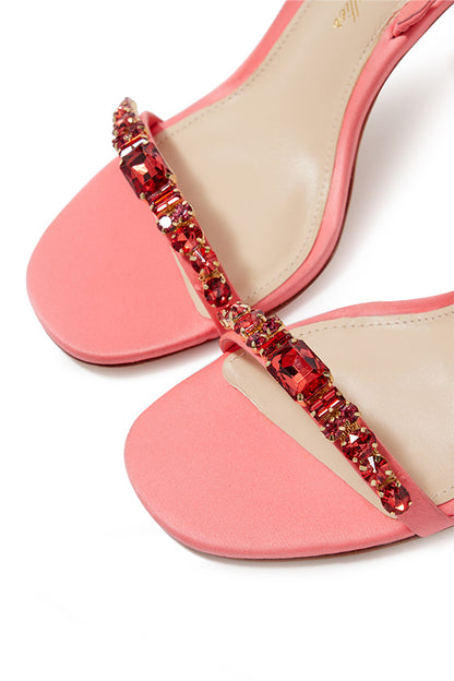 Monique Lhuillier Kirby heel in fuchsia satin with rhinestone toe strap and slingback.