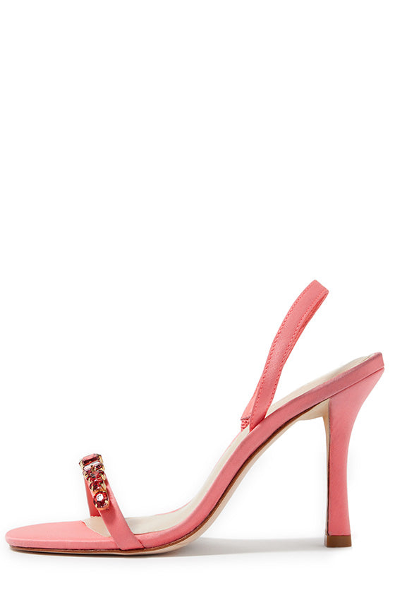 Monique Lhuillier Kirby heel in fuchsia satin with rhinestone toe strap and slingback.