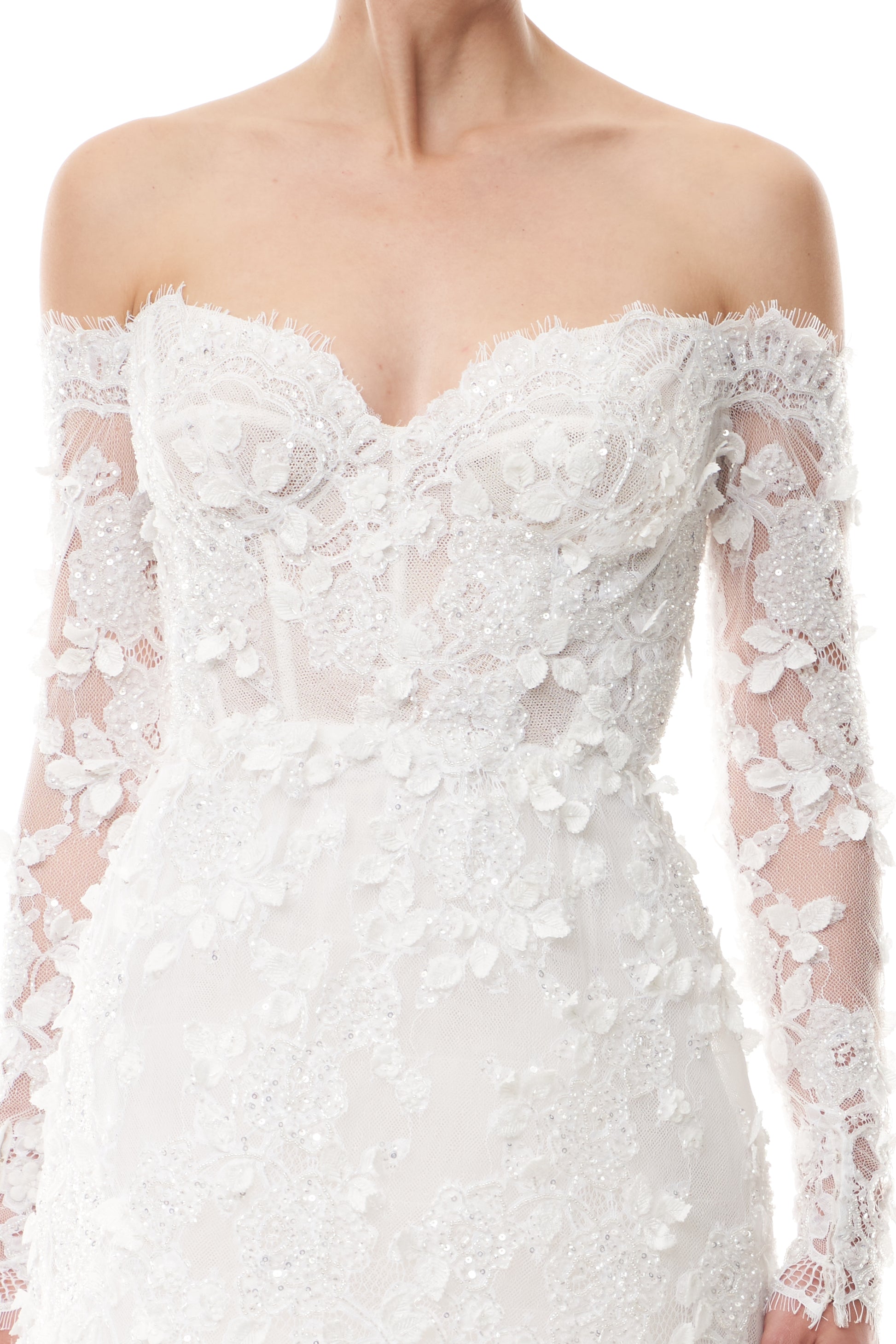 Long sleeve, off the shoulder mini dress in silk white reembroidered lace - fabric.