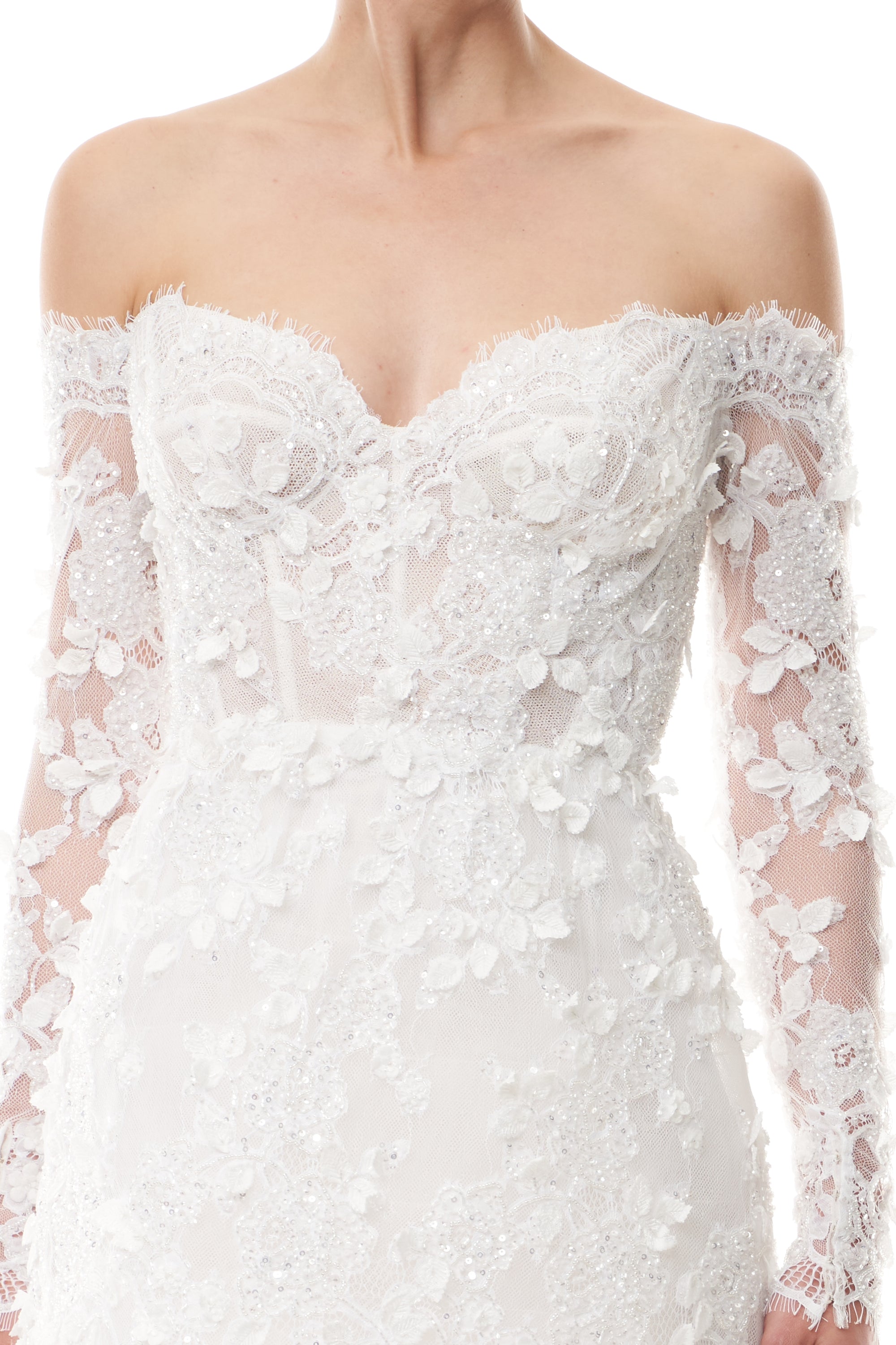 Long sleeve, off the shoulder mini dress in silk white reembroidered lace - fabric.