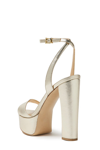 Monique Lhuillier Khloe platform heels in platinum leather.