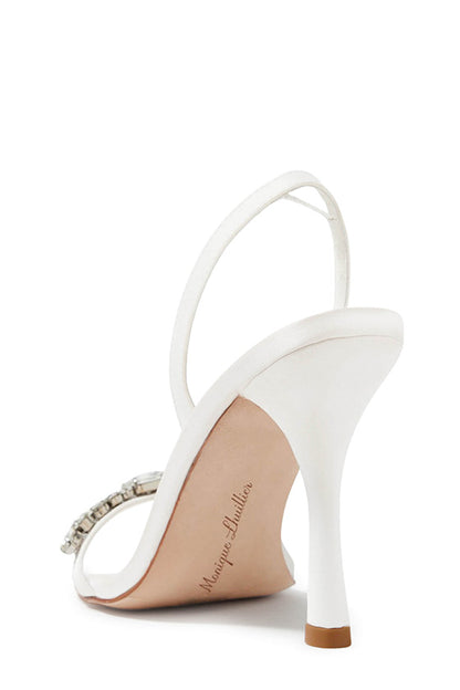 Monique Lhuillier Kirby heel in silk white satin with rhinestone toe strap and slingback.