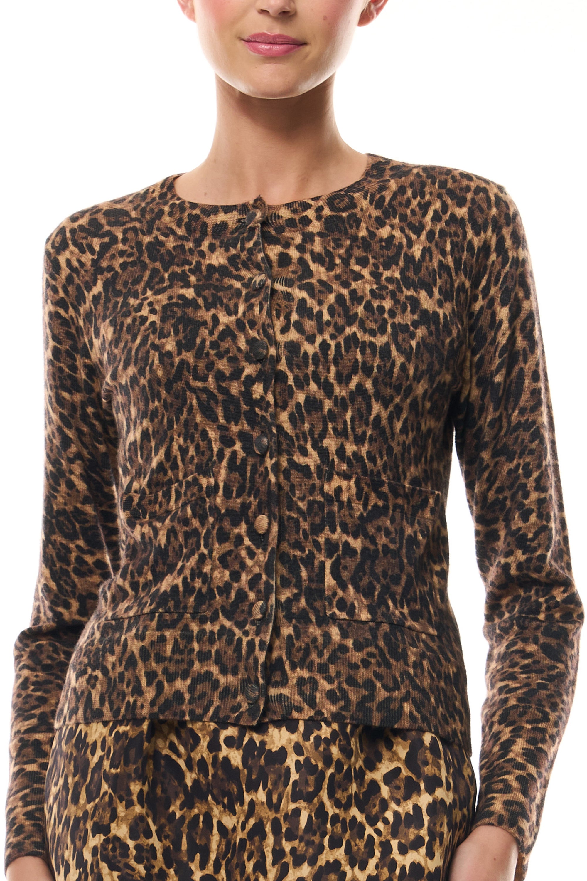 Monique Lhuillier Spring 2026 Leopard Printed Cashmere knit cardigan - fabric.
