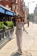 Monique Lhuillier Fall 2026 Silver Smoke long sleeve embroidered tulle gown with Noir velvet belt at waist- lookbook.