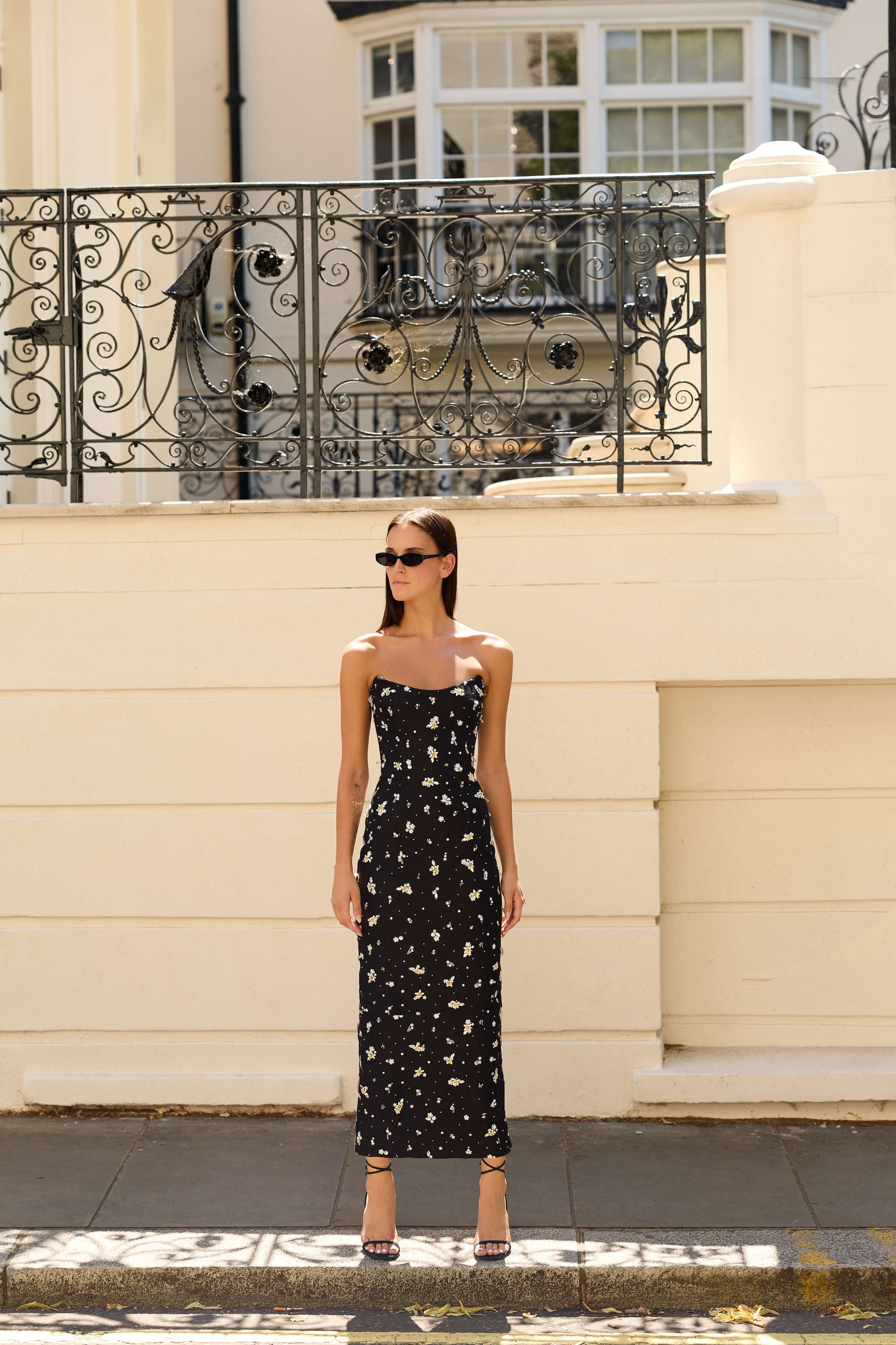Monique Lhuillier Fall 2026 Noir floral embroidered basketweave strapless cocktail dress - lookbook.
