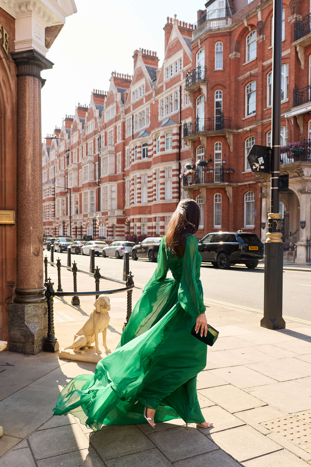 Monique Lhuillier Fall 2026 Sycamore Iridescent Chiffon long sleeve draped bodice gown - lookbook.
