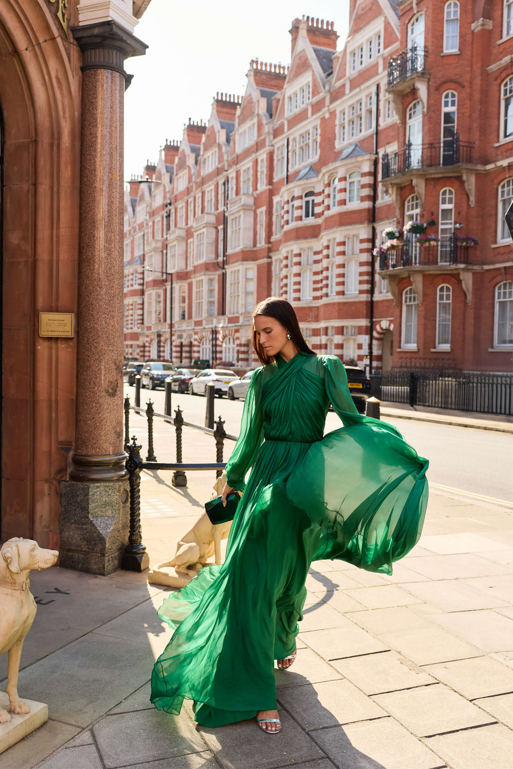 Monique Lhuillier Fall 2026 Sycamore Iridescent Chiffon long sleeve draped bodice gown - lookbook.