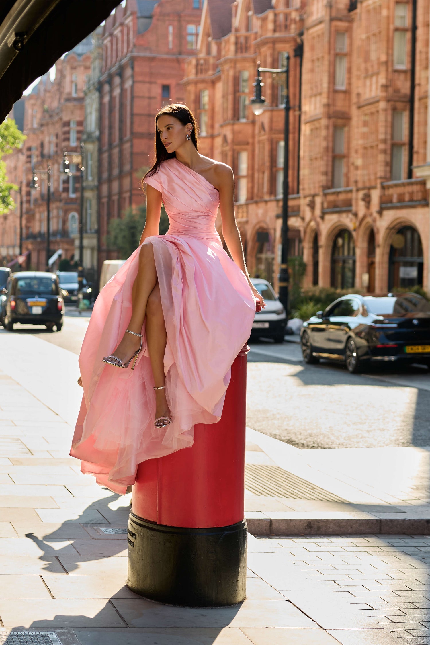 Monique Lhuillier Fall 2026 Sweetpea pink taffeta one shoulder draped ballgown - lookbook.