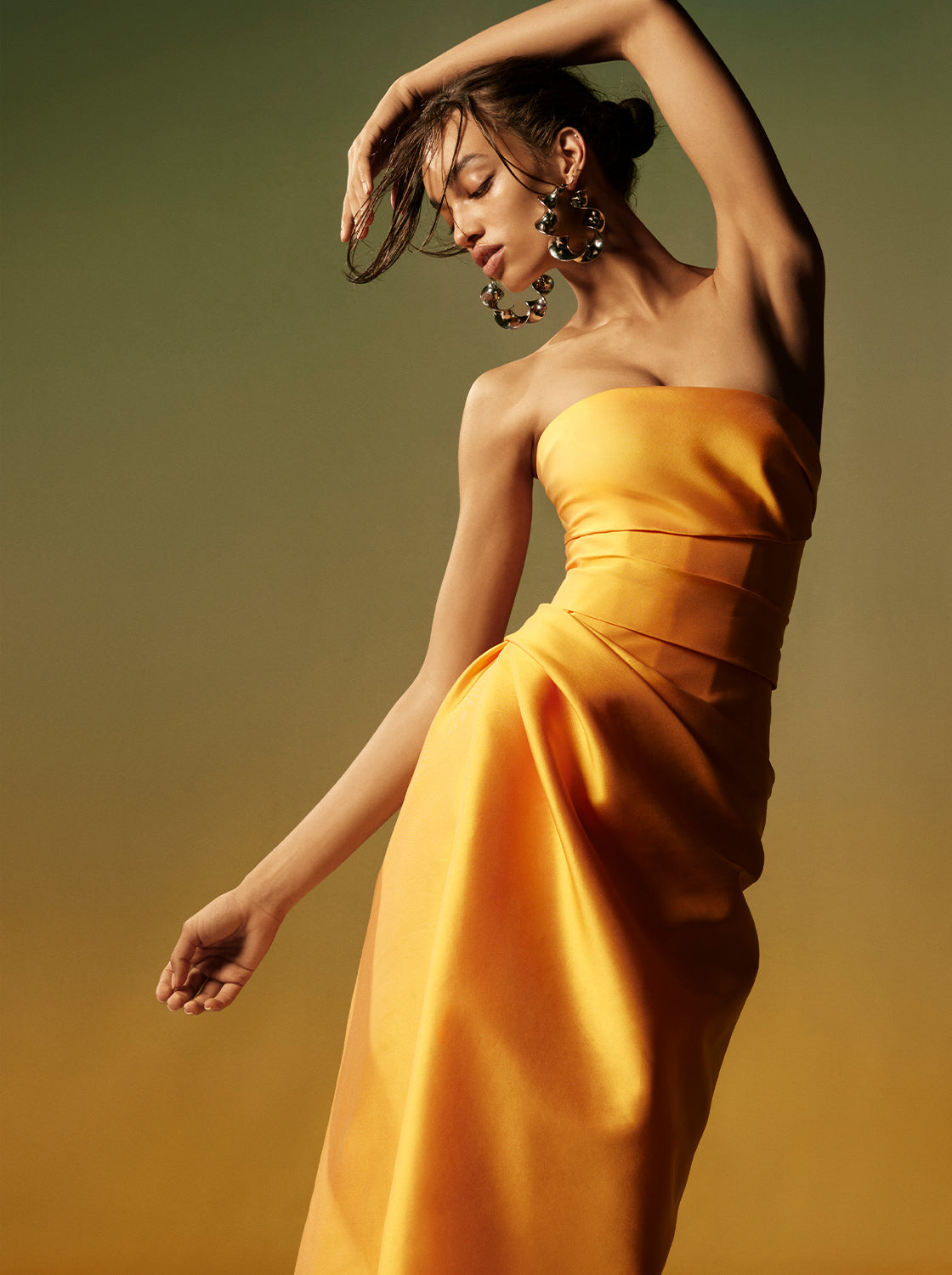 Monique Lhuillier Spring 2026  Mikado Mango strapless corseted draped gown with slit - lookbook.