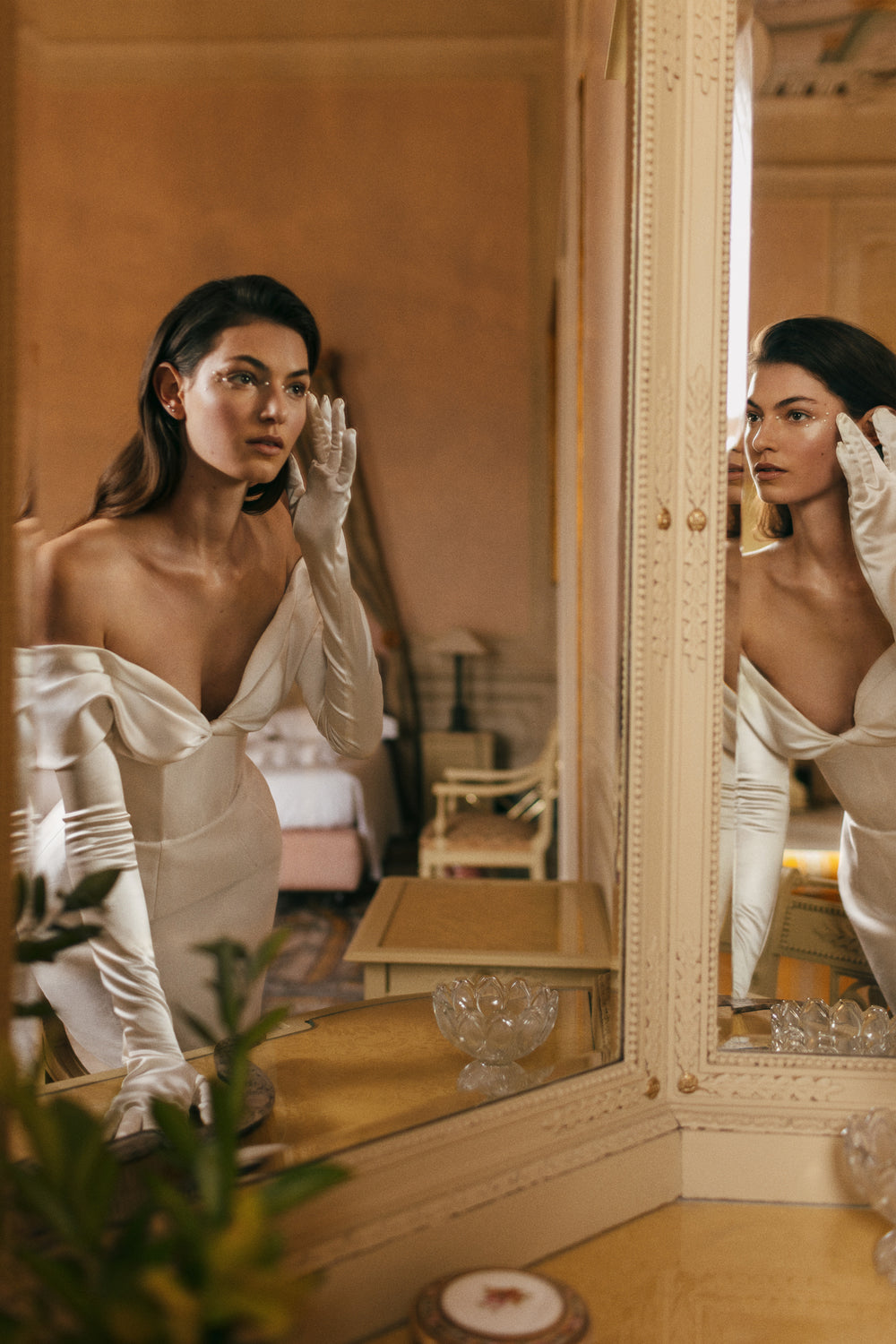 Monique Lhuillier "Marisa" dress - off the shoulder, mini dress in silk white mikado - lookbook photo on model.