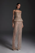 Monique Lhuillier Fall 2026 gold embroidered tulle strapless structured peplum column gown - lookbook.