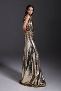 Monique Lhuillier Fall 2026 gold sequin two-piece Sleeveless top with floral embellishment and evening skirt - lookbook.