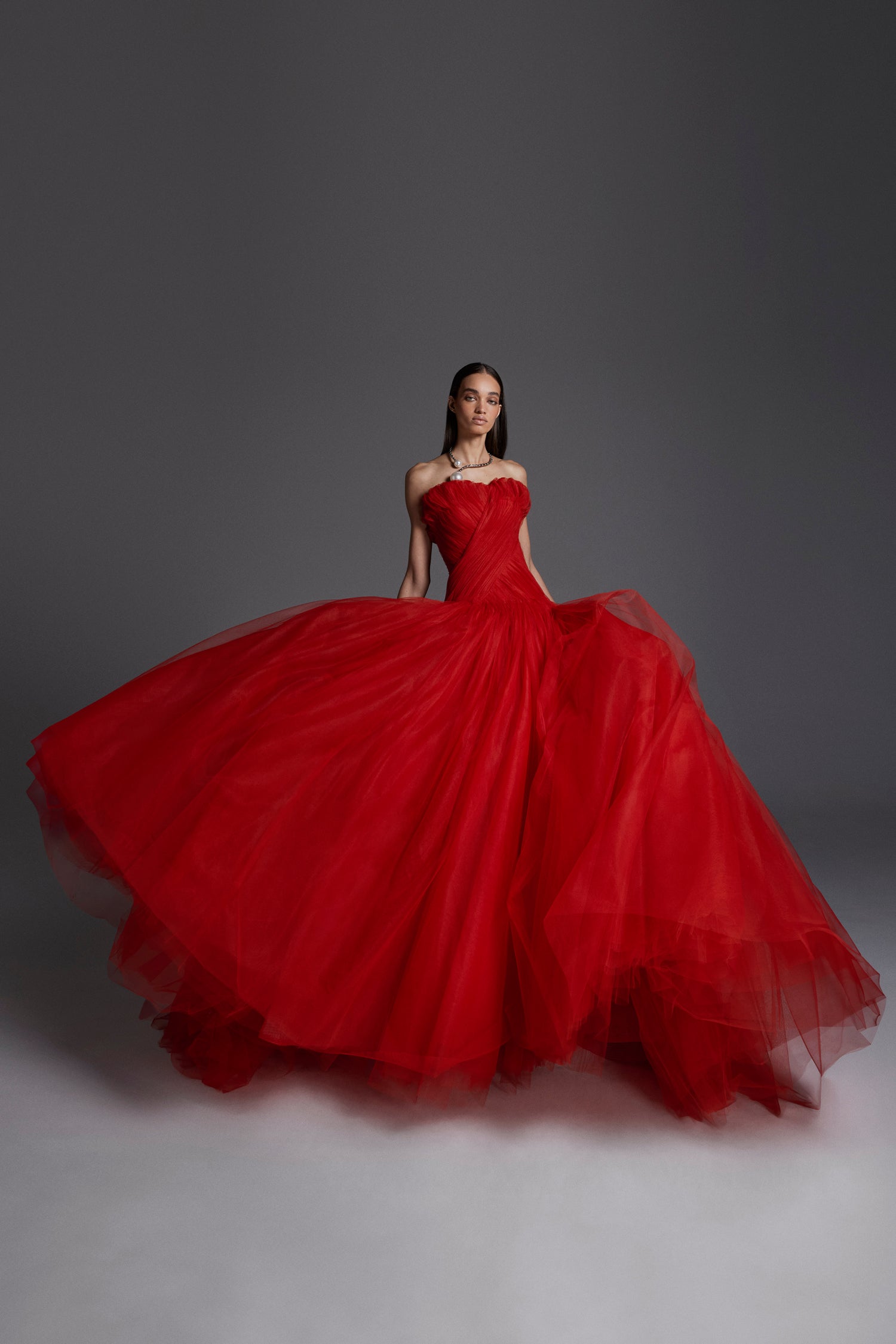 Monique Lhuillier Fall 2026 Siren French tulle strapless draped torso ballgown - lookbook.