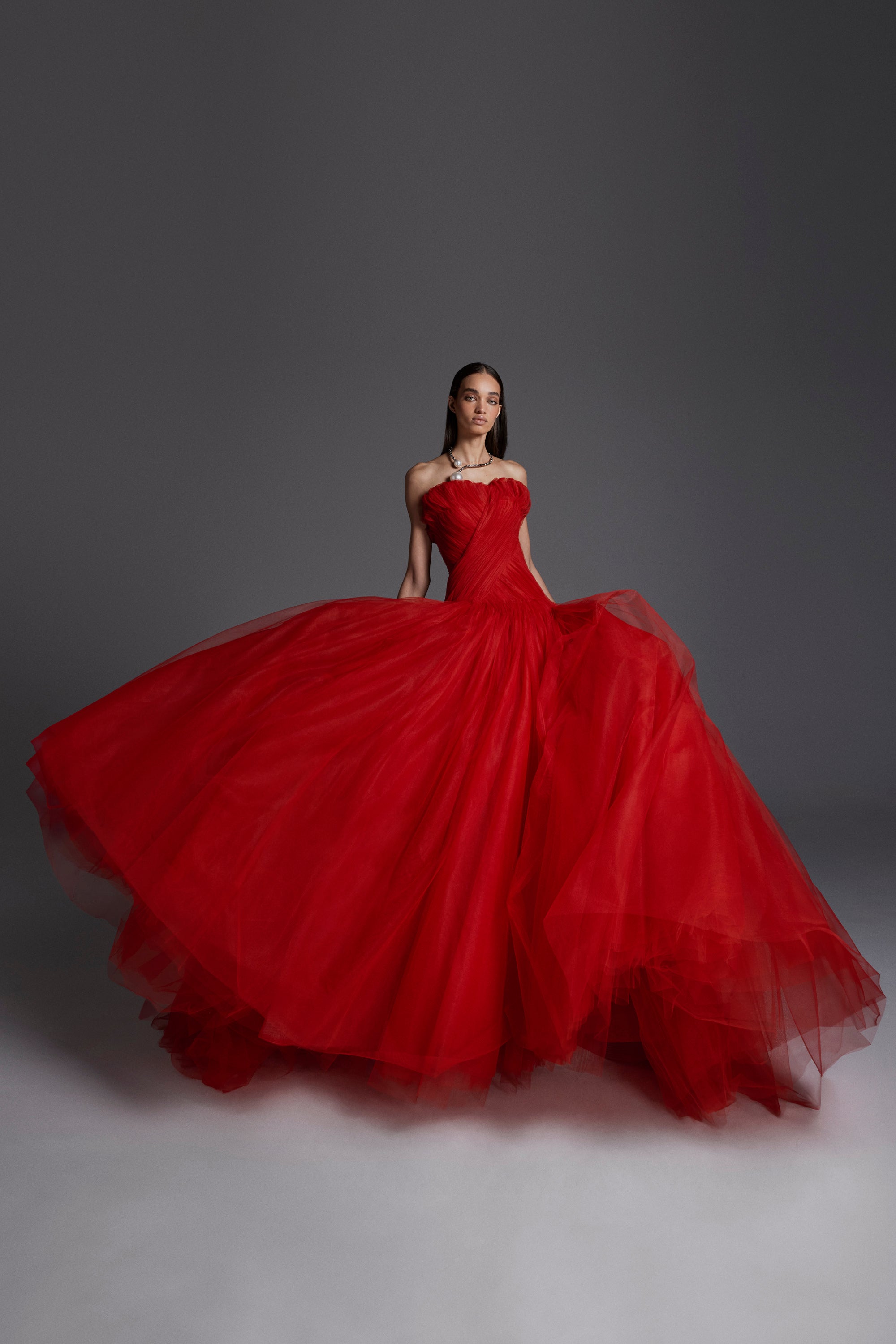 Monique Lhuillier Fall 2026 Siren French tulle strapless draped torso ballgown - lookbook.