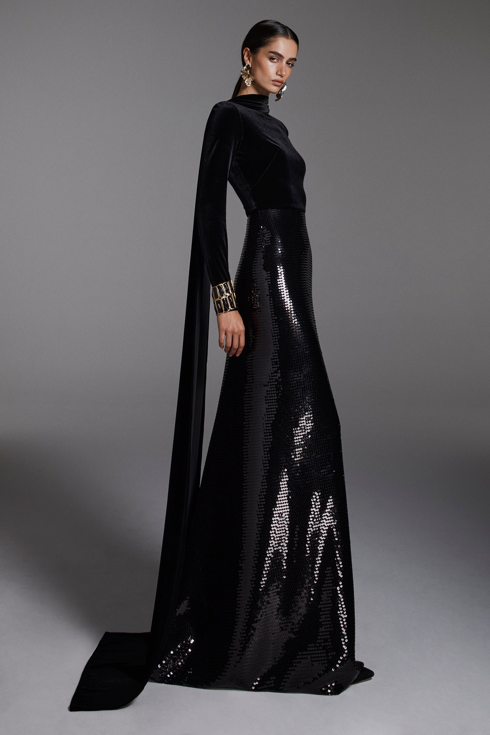 Monique Lhuillier Fall 2026 Noir stretch velour and sequin high neck long sleeve sheath  - lookbook.