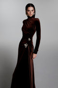 Monique Lhuillier Fall 2026 Cafe stretch velour high neck long sleeve gown with floral embellishment - lookbook.