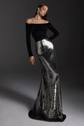 Monique Lhuillier Fall 2026 Noir/Chrome stretch velour and sequin off-the-shoulder long sleeve gown - lookbook.