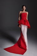 Monique Lhuillier Fall 2026 Siren/Lotus silk faille and mikado asymmetric strapless bodice with column skirt- lookbook.