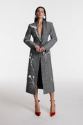 Monique Lhuillier Fall 2026 Noir/White houndstooth check suiting with embroidery tailored coat with floral applique  - lookbook.