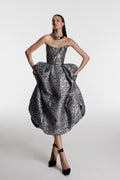 Monique Lhuillier Fall 2026 Chrome Lame Rose Jacquard strapless midi bubble skirt cocktail dress - lookbook.