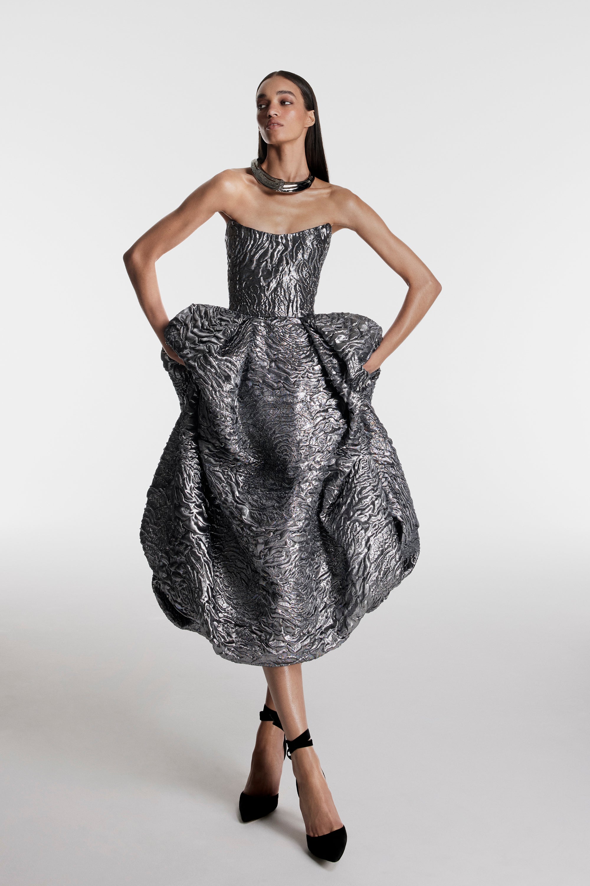 Monique Lhuillier Fall 2026 Chrome Lame Rose Jacquard strapless midi bubble skirt cocktail dress - lookbook.