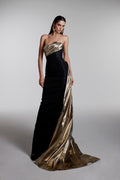 Monique Lhuillier Fall 2026 Gold/Noir tissue lame and faille strapless draped bodice column gown with train - lookbook.