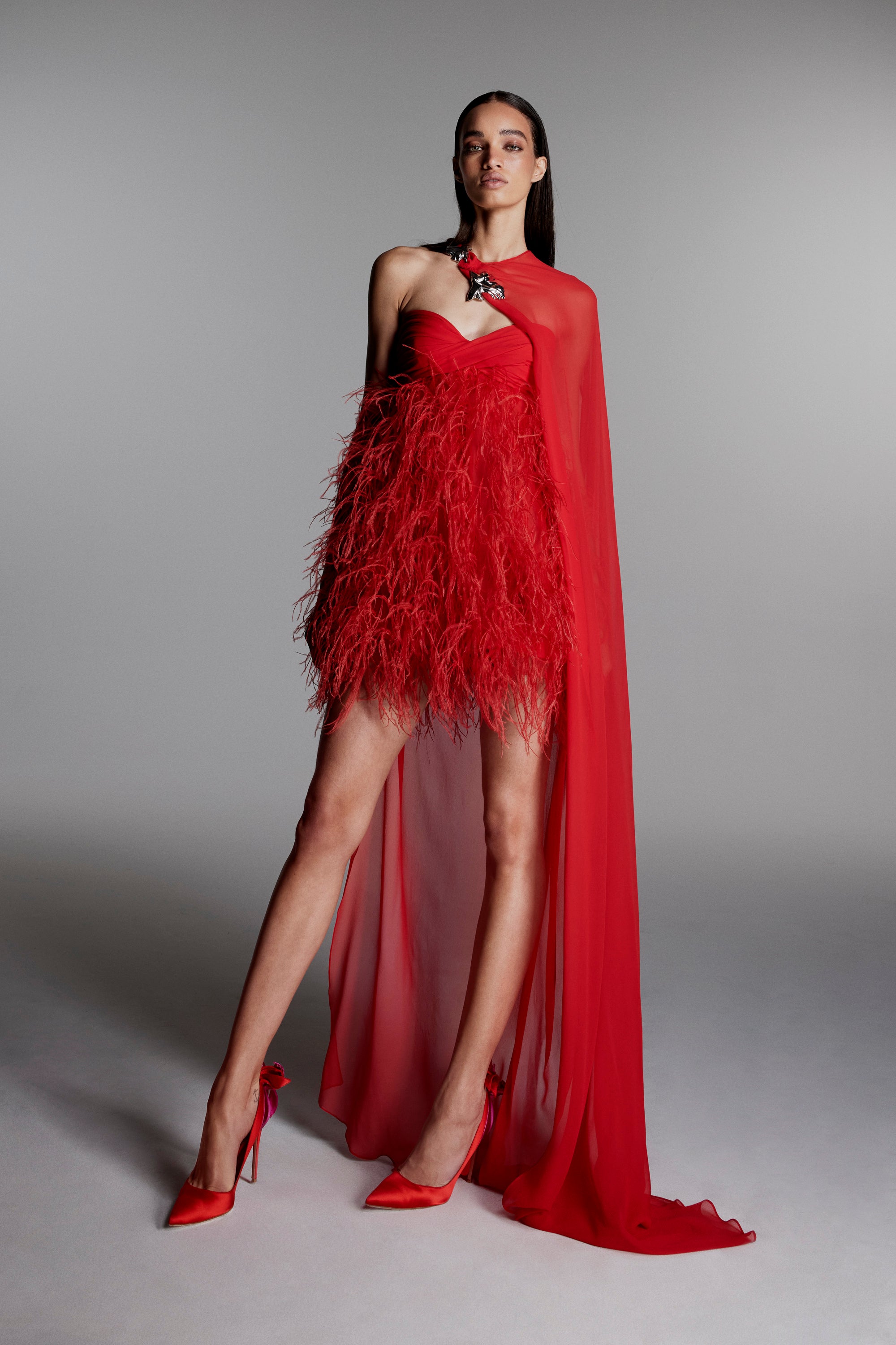 Monique Lhuillier Fall 2026 Siren embroidered feather tulle strapless mini cocktail dress with Siren chiffon cape and flower embellishment - lookbook.