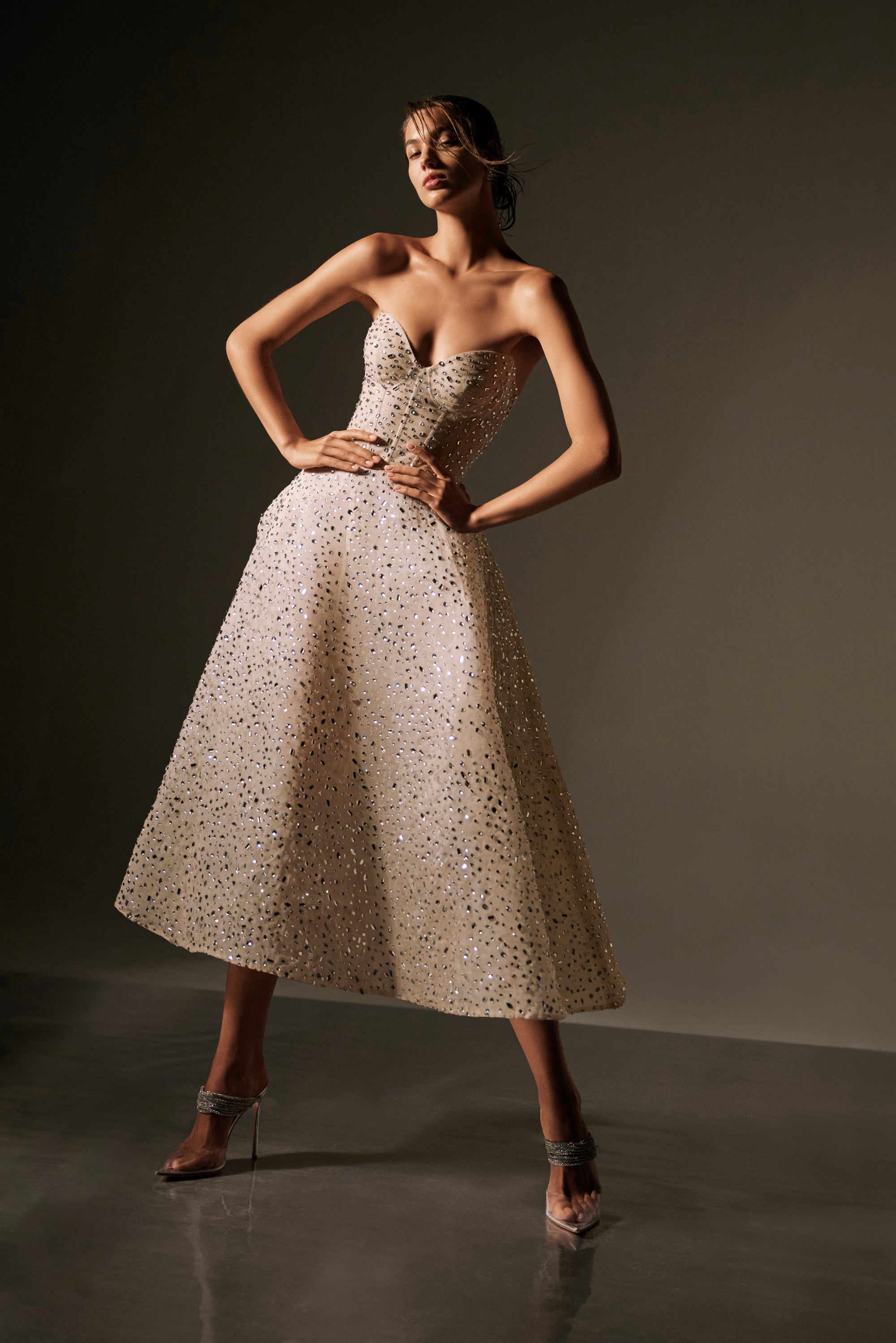 Monique Lhuillier Spring 2026 lookbook image - model wearing nude hot fix organza embroidered sweetheart a-line dress