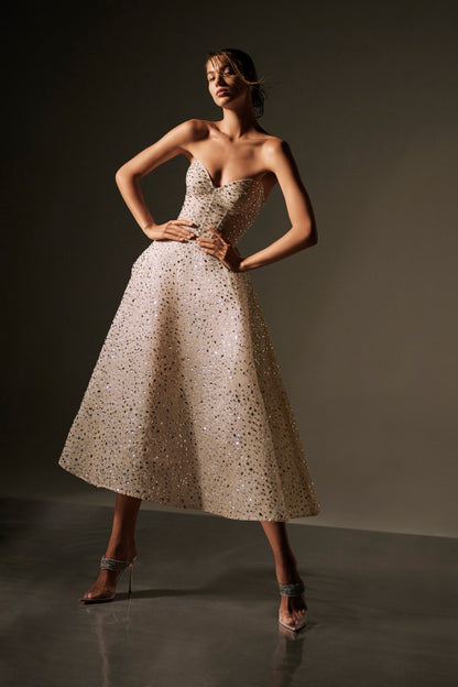 Monique Lhuillier Spring 2026 lookbook image - model wearing nude hot fix organza embroidered sweetheart a-line dress 