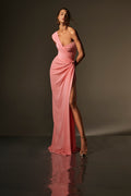 Monique Lhuillier Spring 2026 lookbook image- model wearing Plumeria jersey asymmetric draped one-shoulder gown with slit and gold ball piercing.