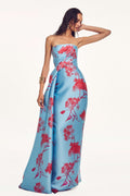 Monique Lhuillier Spring 2027 Blue/Red Toile de Fleur Printed Piqué Mikado strapless draped column gown with train - lookbook.