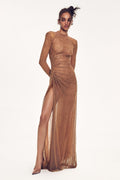 Monique Lhuillier Spring 2027 Antique Gold Embroidered Hot Fix Stretch Tulle Long sleeve asymmetric draped gown - lookbook.