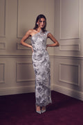 Monique Lhuillier Spring 2027 silver embroidered tulle one-shoulder tea length column gown - lookbook.