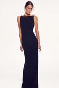 Monique Lhuillier Spring 2027 Noir Crepe Back Satin Bateau neckling gown with pearl straps - lookbook.