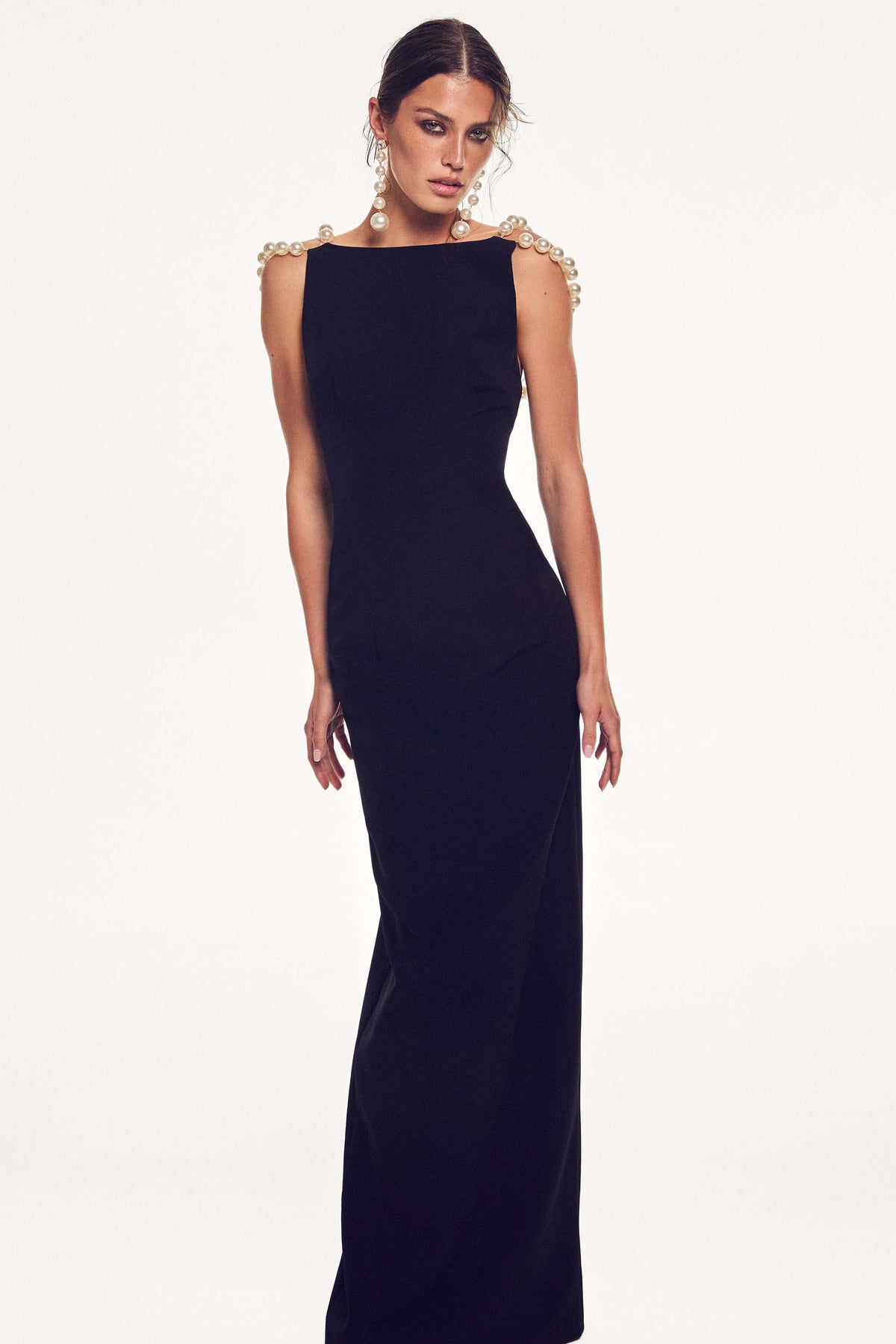 Monique Lhuillier Spring 2027 Noir Crepe Back Satin Bateau neckling gown with pearl straps - lookbook.