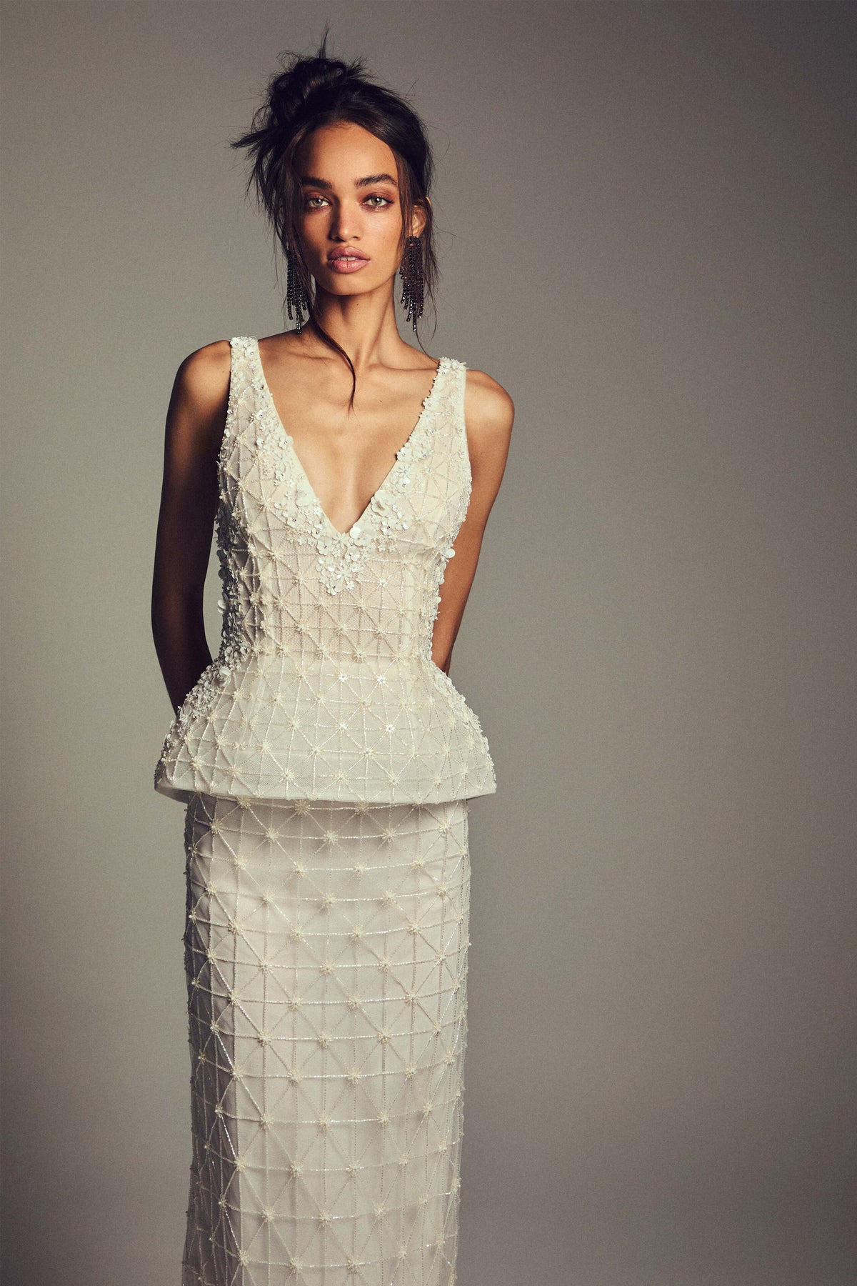 Monique Lhuillier Spring 2027 Ivory/Multi v-neck structured embroidered column gown with peplum - lookbook.