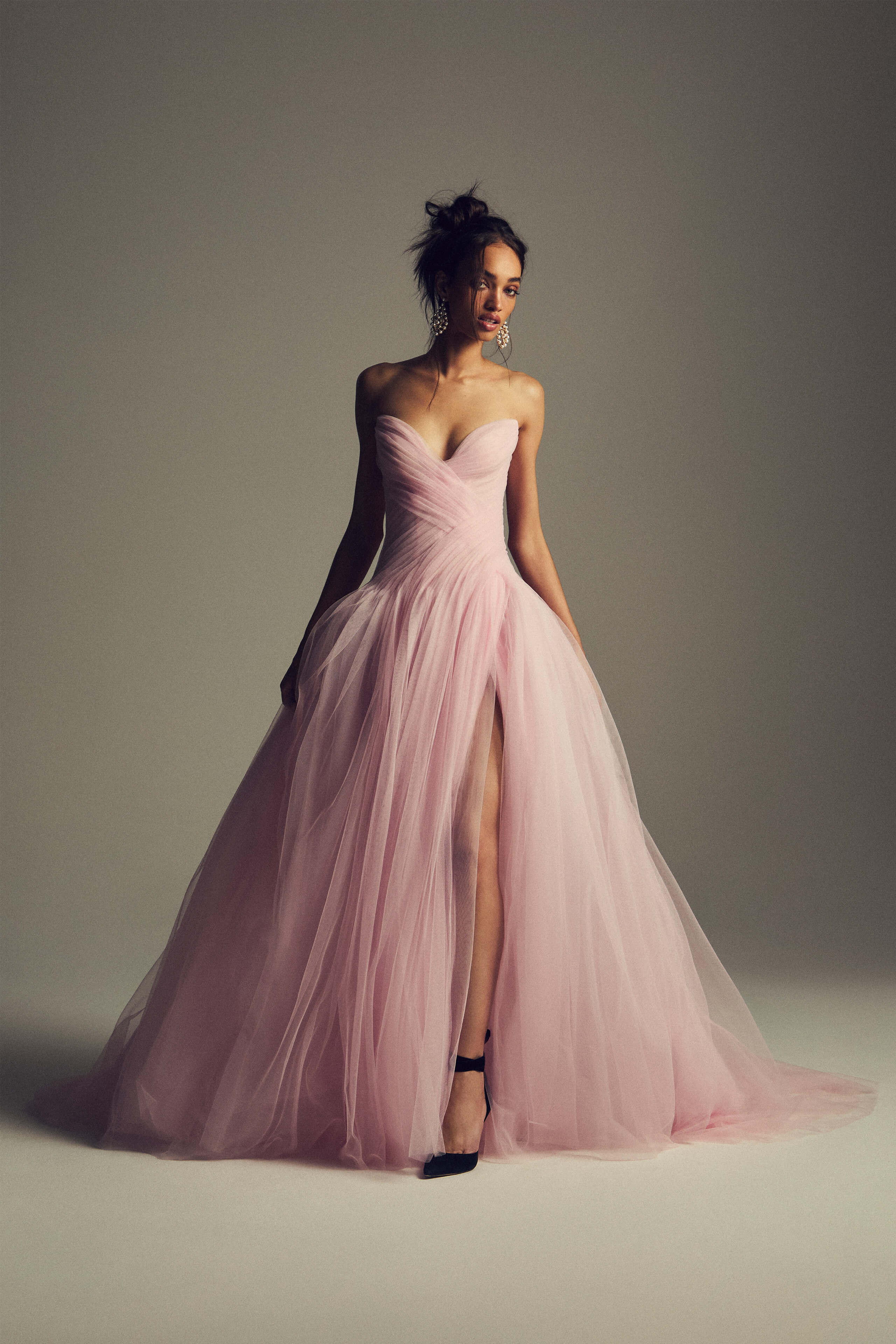Monique Lhuillier Spring 2027 Sakura tulle strapless draped ball gown with slit - lookbook.
