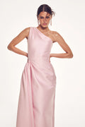 Monique Lhuillier Spring 2027 Sakura Mikado one-shoulder draped midi-dress with side train and gold ball piercing at hip - lookbook.