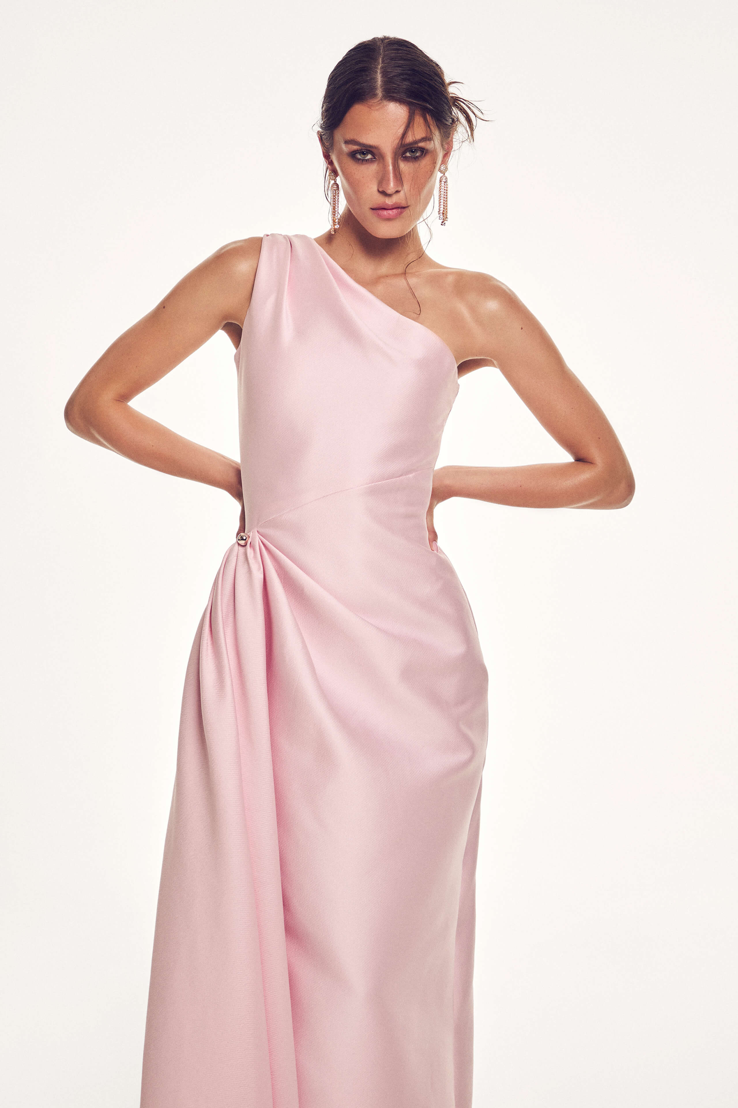 Monique Lhuillier Spring 2027 Sakura Mikado one-shoulder draped midi-dress with side train and gold ball piercing at hip - lookbook.