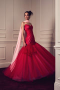 Monique Lhuillier Spring 2027 Strawberry Tulle draped asymmetric gown with pink neck scarf - lookbook.