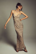 Monique Lhuillier Spring 2027 Oxidized silver embroidered chiffon spaghetti strap v-neck stardust beaded sheath gown  - lookbook.