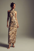 Monique Lhuillier Spring 2027 light gold embroidered tulle floral halter column gown - lookbook.