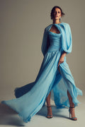 Monique Lhuillier Spring 2027 Bluebell silk chiffon strapless draped bodice gown with coordinating evening cape - lookbook.