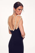 Monique Lhuillier Spring 2027 Noir Crepe Back Satin Bateau neckling gown with pearl straps - lookbook.