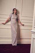 Monique Lhuillier Spring 2027 silver/multi embroidered tulle short sleeve column gown- lookbook.