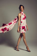 Monique Lhuillier Spring 2027 Sakura/Multi Watercolor floral printed gazar halter neck dress with train - lookbook.