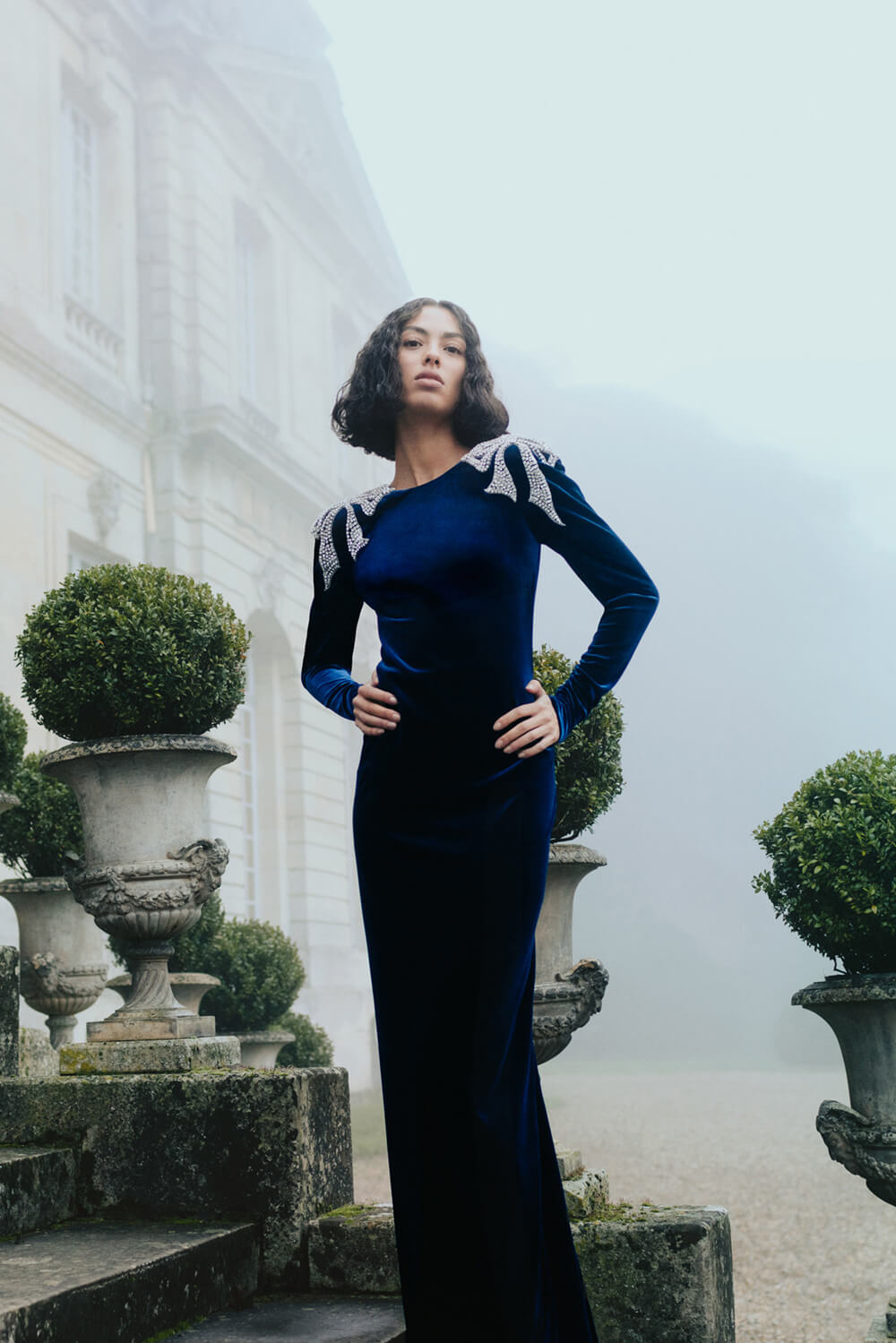 Monique Lhuillier navy velour gown with long sleeves, ruched back and embroidery.
