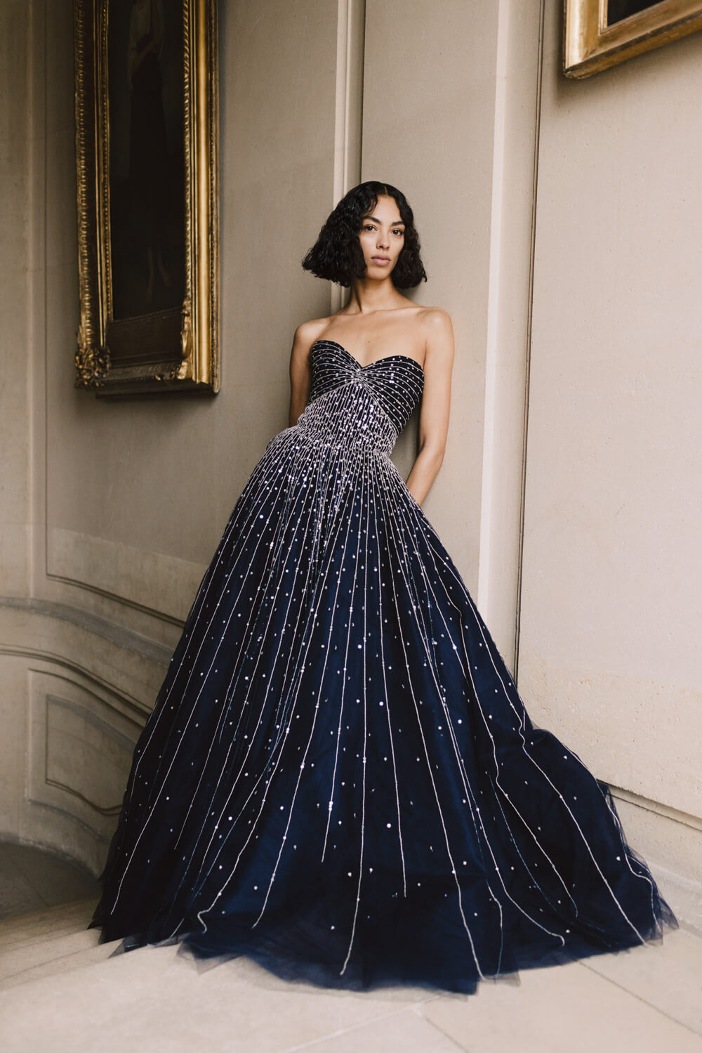 Monique Lhuillier strapless ballgown with sweetheart neckline in midnight tulle and silver embroidery.